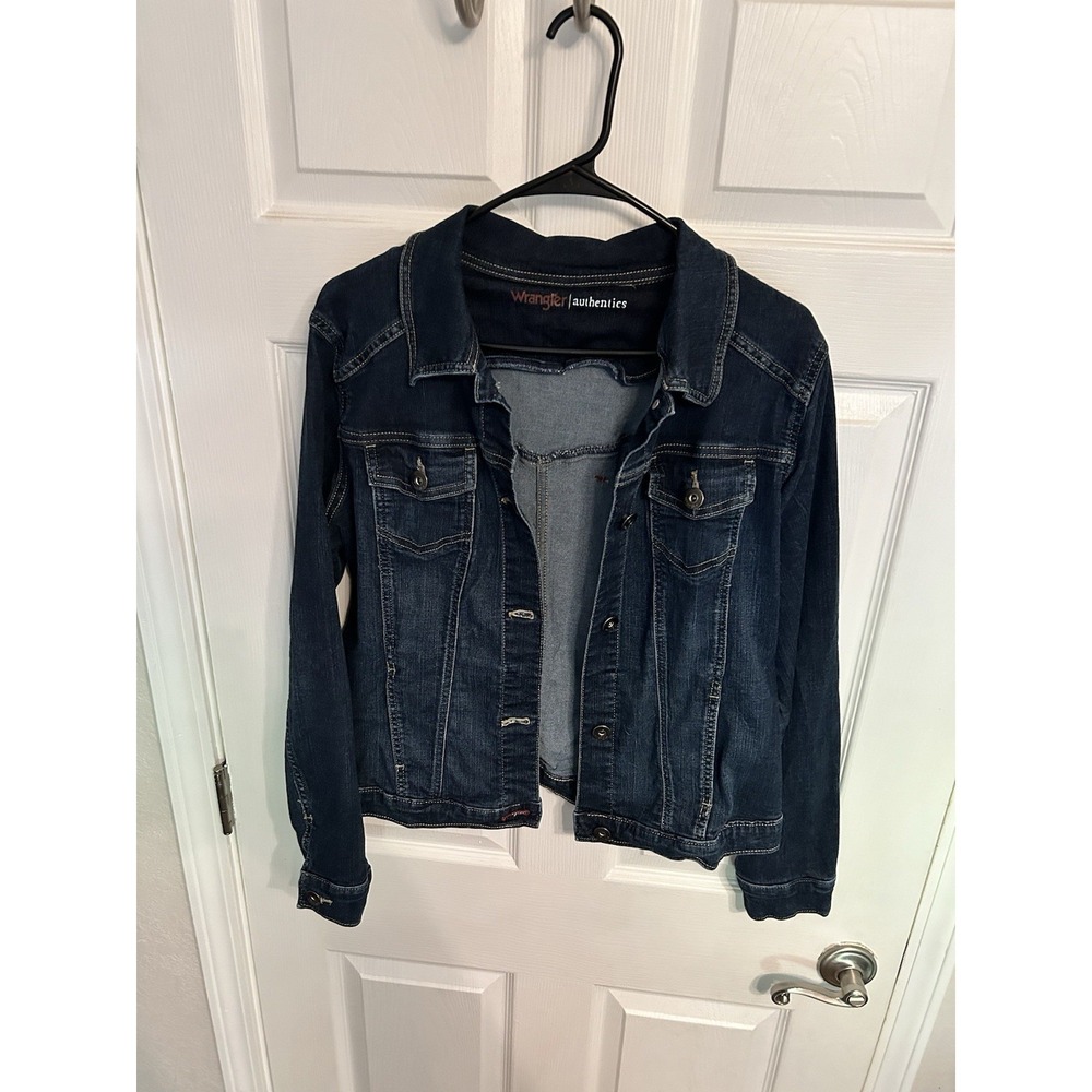 Wrangler Authentics Women' Size Large Stretch Denim Jacket Dark Blue